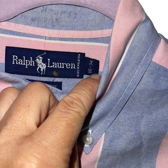 Ralph Lauren Vintage Mens Shirt Size 34 Blue Striped Button Down Pure Cotton - Picture 3 of 9
